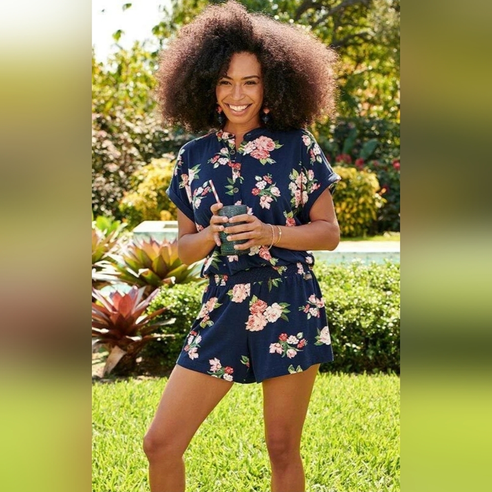 Matilda Jane Navy Floral Short Romper - Pink & Green Flowers